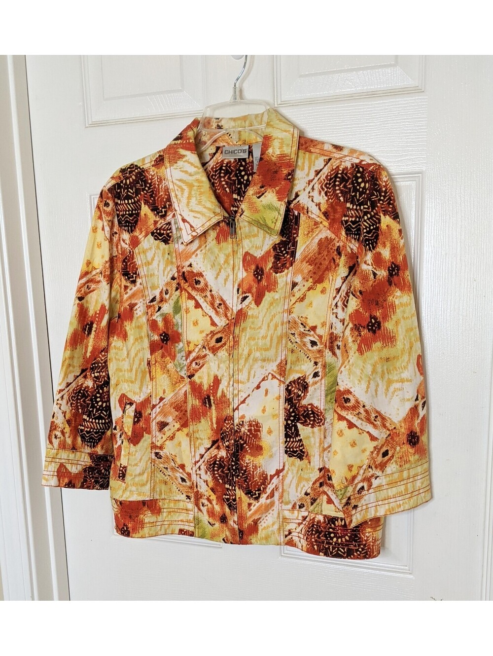 Chico’s Womens Floral Print Zip Up Collared Jacket 3/4 Sleeves Stretch Sz 2 (Lg)